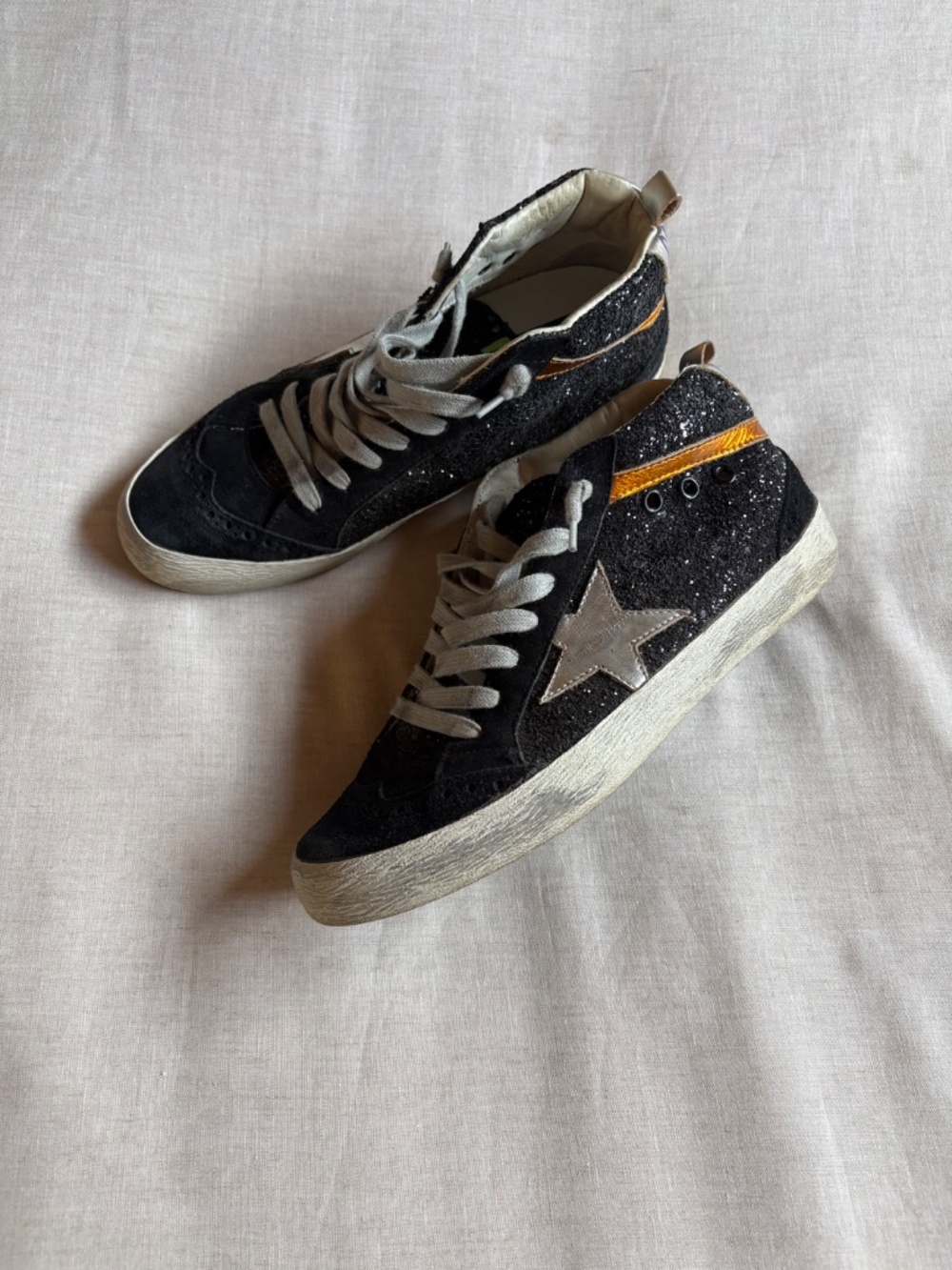 Golden Goose Sneakers Mid Star in Black Glitter with Silver Star | Size 38